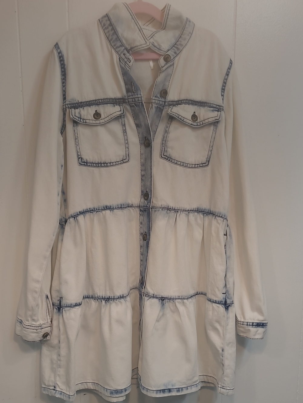 Free People Nicole Long-Sleeve, Tiered Denim Mini Dress White/Blue Sz Small